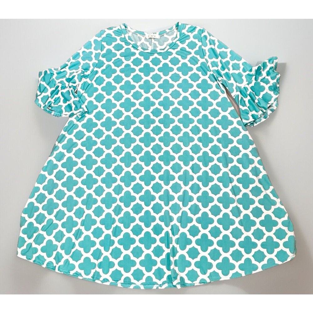 Lily Sky Dress Women's‎ 3X Aqua Blue Midi Trellis Print Pockets 3/4 Bell Sleeves